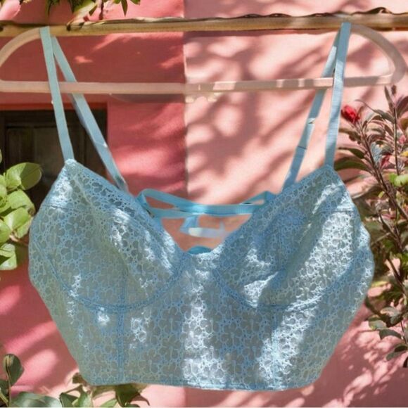 New! Free People Baby Blue Lace Eyelet Lace Up  Longline Bralette - Picture 1 of 7